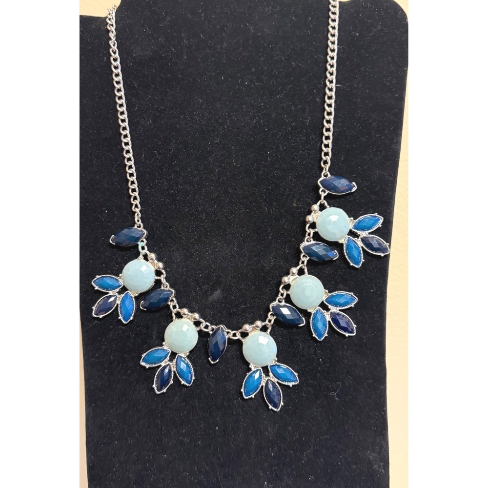Silver Tone Blue Cluster Statement Bib Necklace Navy Seafoam Resin Stones